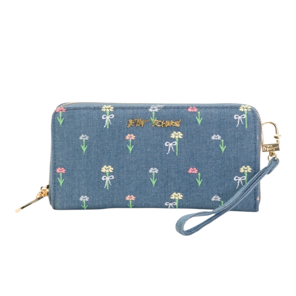 Betsey Johnson Boxed Floral Embroidered Denim Zip Around Wallet - Picture 3 of 5